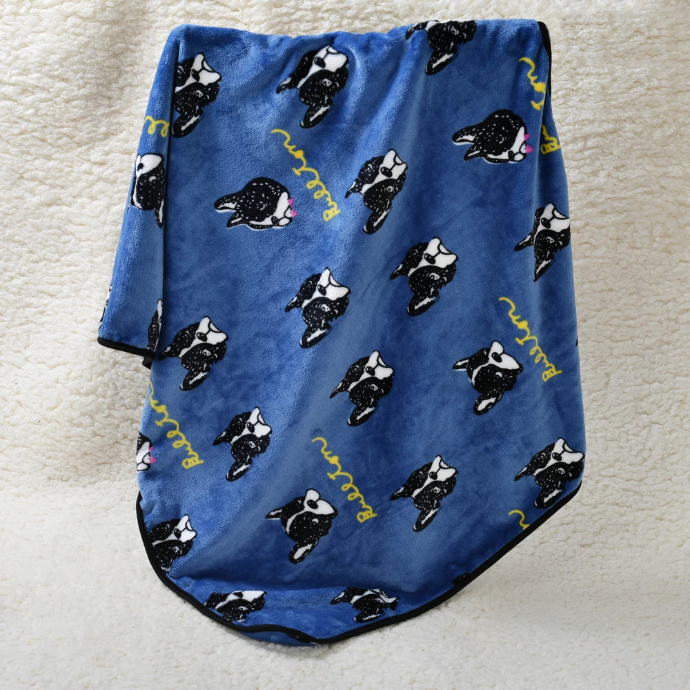 Soft Flannel Pet Blanket Cute Bulldog Print Warm Dog Bed Mat Cat Cover Breathable Sleeping Pad for Puppy Kitten Hamster Supplies